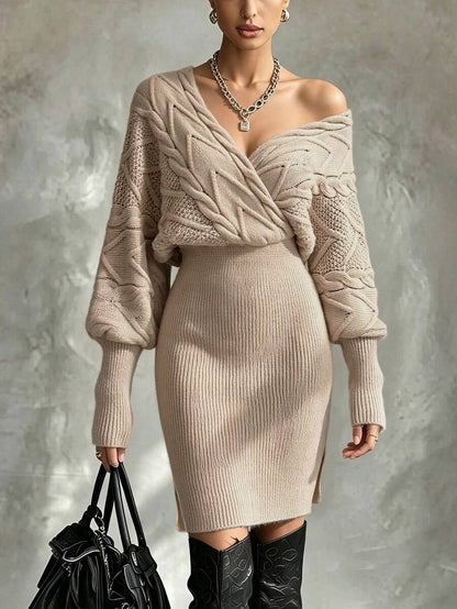 Women's Cable Knit Wrap Sweater Dress, Batwing Sleeve Knit Dress for Fall Winter - Khaki