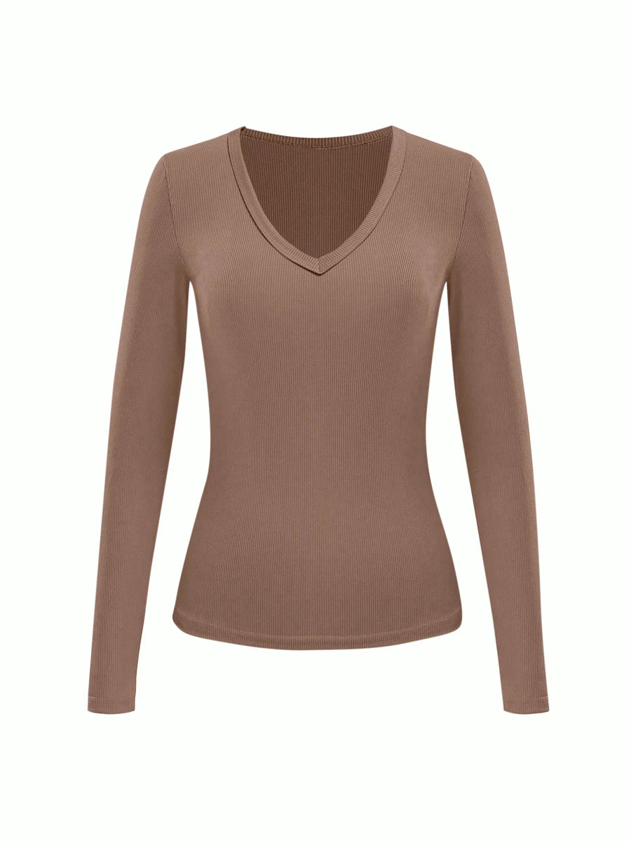 Siena Deep V Neck Ribbed Knit Long Sleeve Fitted Top