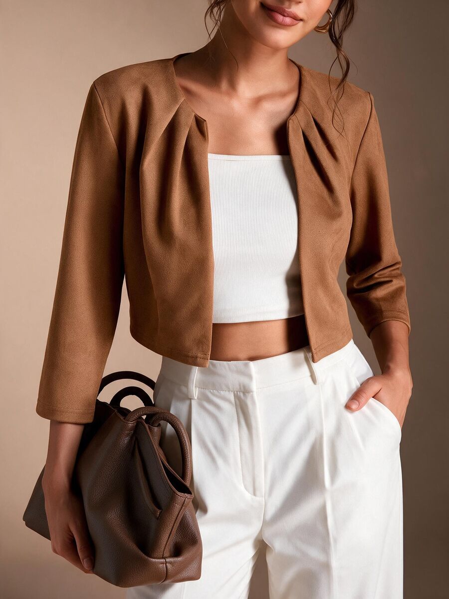 Philomena Pleated Neckline Open Front Cropped Knit Blazer - Camel
