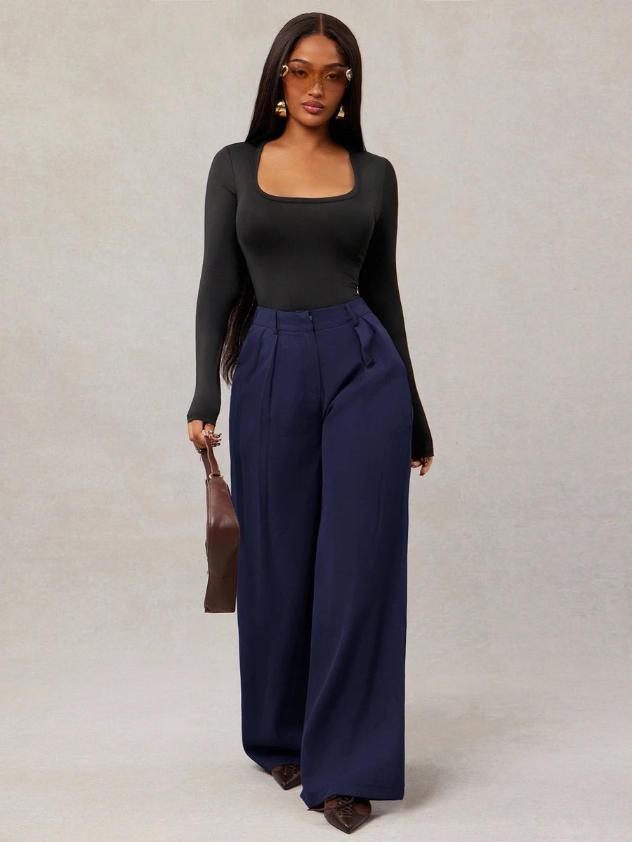 Theodora High Waist Pleated Oversized Wide Leg Suit Trousers - Navy Blue