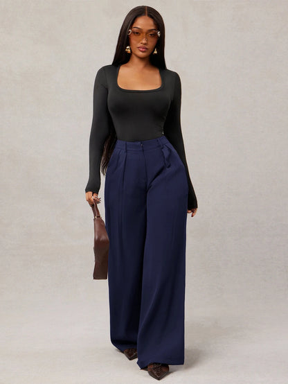 Theodora High Waist Pleated Oversized Wide Leg Suit Trousers - Navy Blue