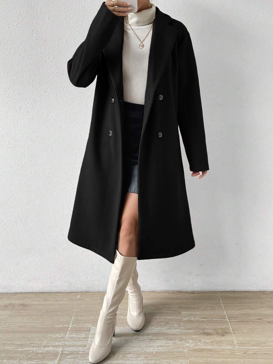 Victoria Classic Double-Breasted Longline Tailored Overcoat - Black