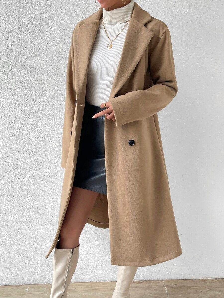 Victoria Classic Double-Breasted Longline Tailored Overcoat - Khaki