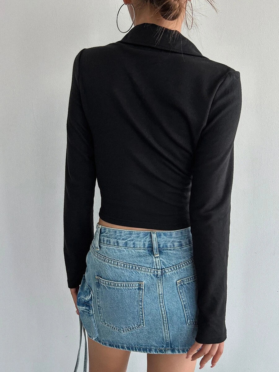 Iris Solid Half Zip Crop Long Sleeve Tee - Black