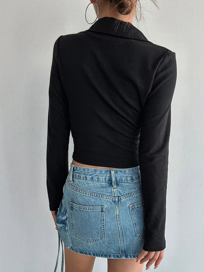 Iris Solid Half Zip Crop Long Sleeve Tee - Black