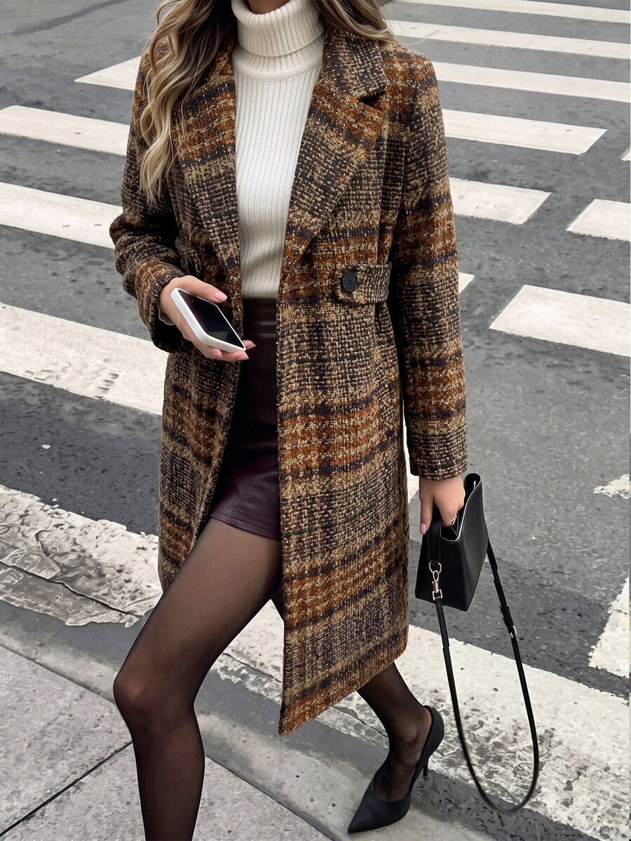Josephine Belted Notched Collar Double-Breasted Long Coat - Brown Plaid