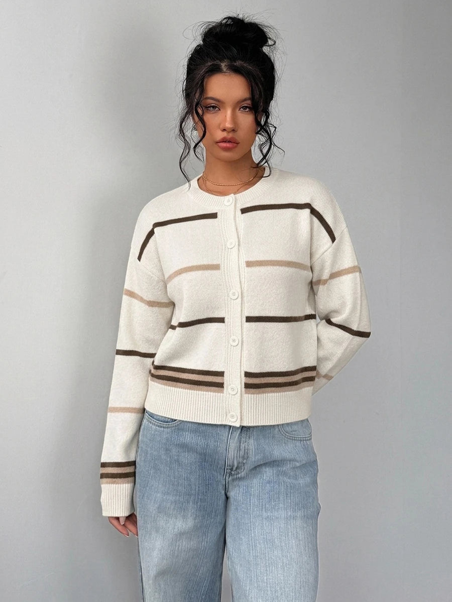 Elowen Round Neck Cropped Cardigan - Brown