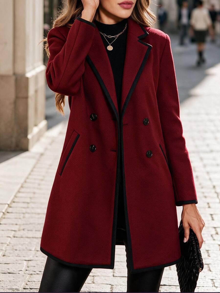 Aveline Double-Breasted Lapel Coat with Tailored Thigh-Length Cut - Brown