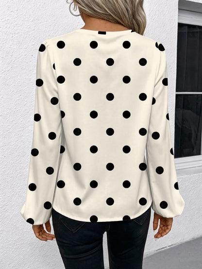 Nell Long Sleeve Blouse with Split V Neck and Lantern Sleeves - White Polka Dot
