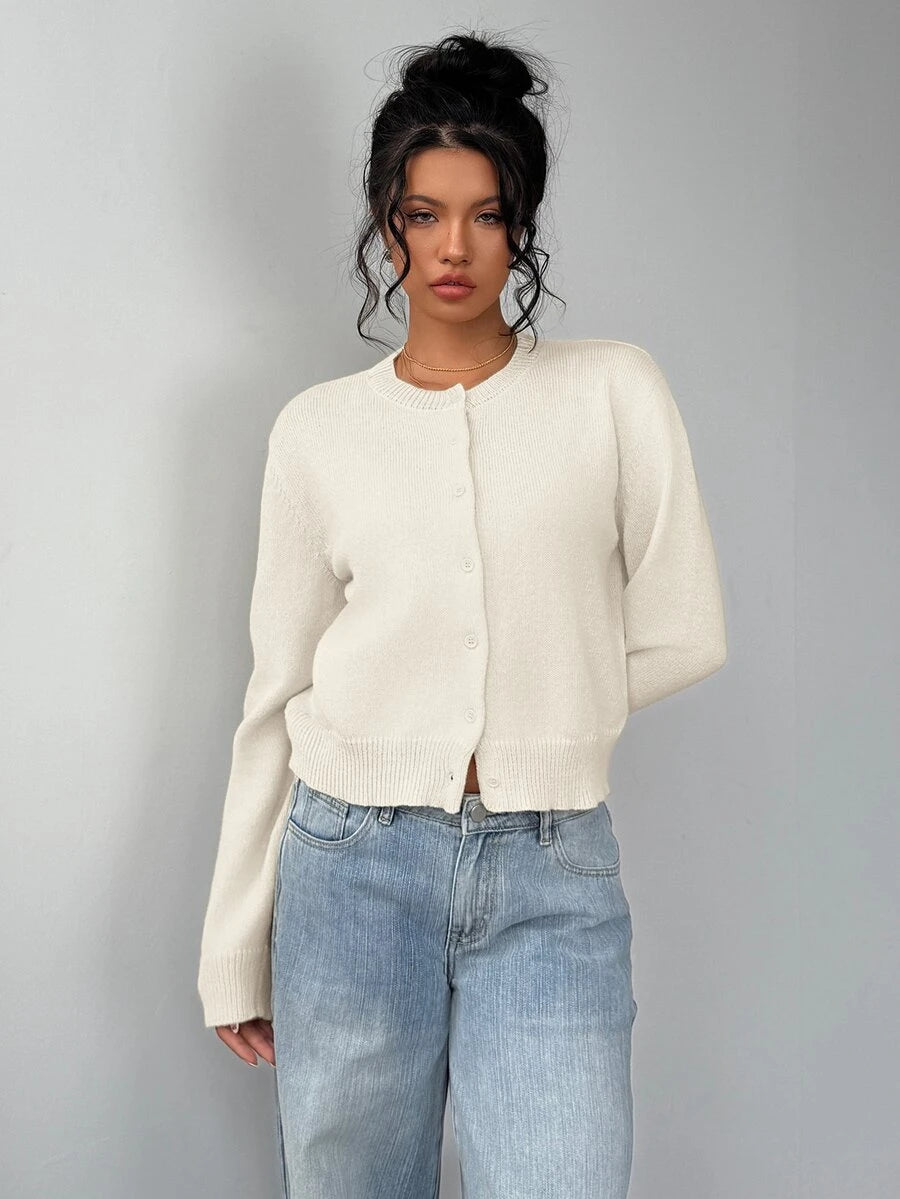 Elowen Round Neck Cropped Cardigan - Beige