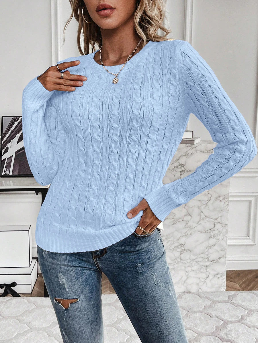 Livia Twist Cable Knit Crew Neck Sweater Fitted Pullover - Light Blue