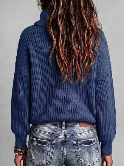 Wilhelmina Rib Knit Turtleneck Drop Shoulder Pullover Sweater - Grey