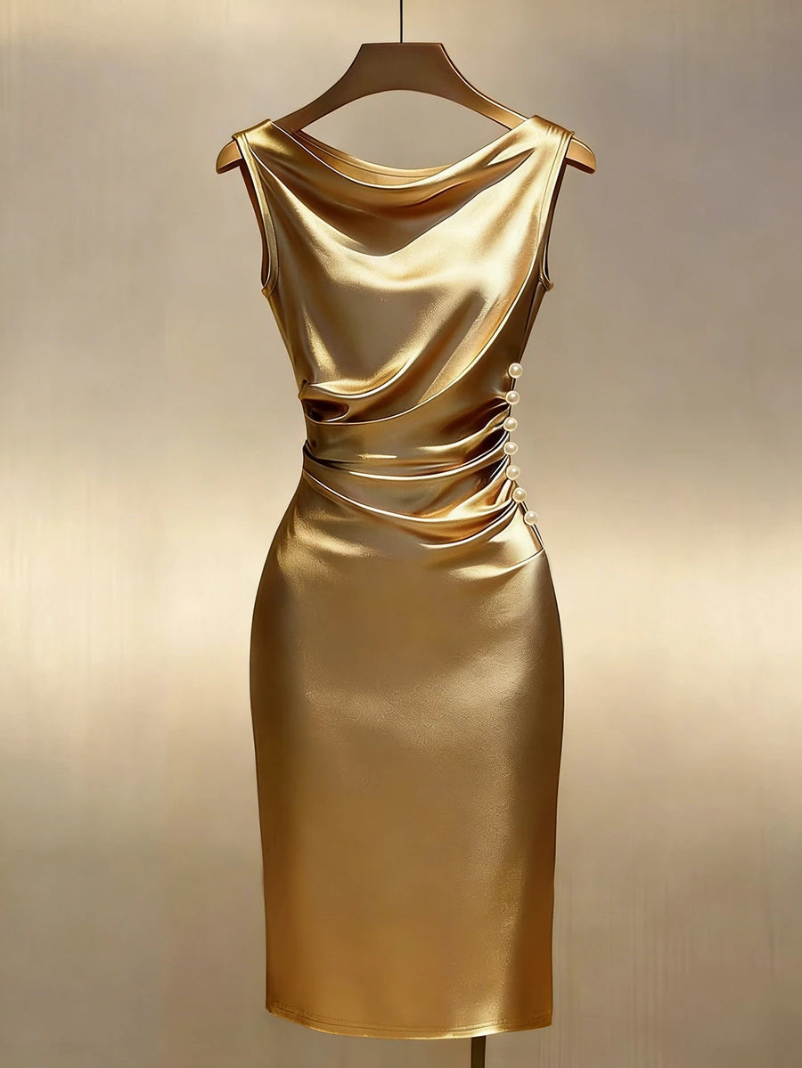 Women's Satin Cowl Neck Midi Dress, Ruched Silky Dress for Wedding Guest and Evening - Champagne