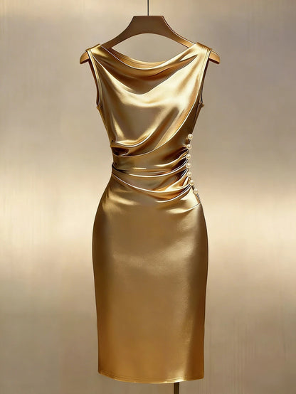Women's Satin Cowl Neck Midi Dress, Ruched Silky Dress for Wedding Guest and Evening - Champagne