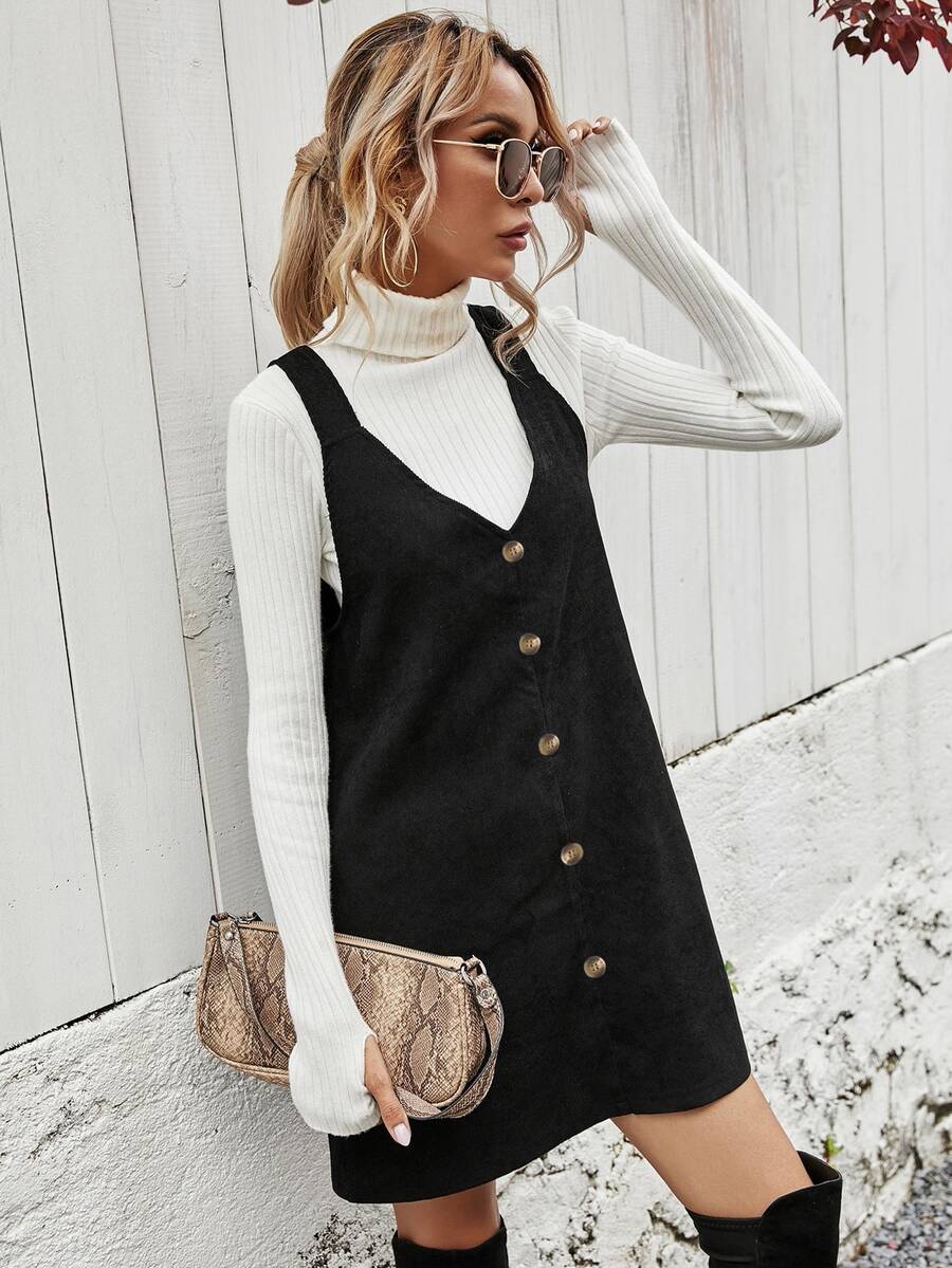 Ottilie Corduroy Button Front Pinafore Mini Dress - Black