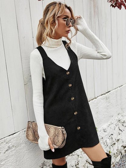 Ottilie Corduroy Button Front Pinafore Mini Dress - Black