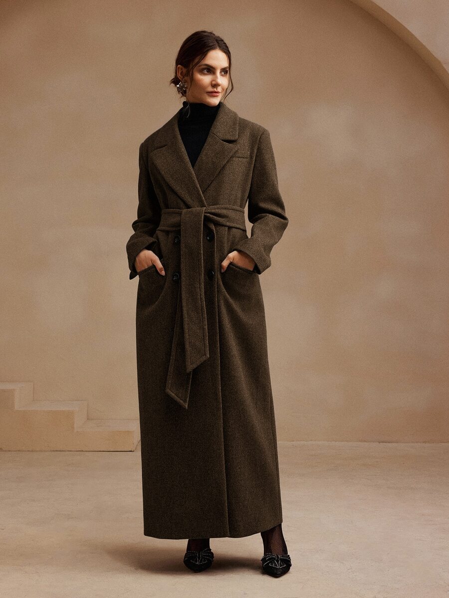 Valeska Belted Double-Breasted Lapel Long Coat with Pockets - Apricot
