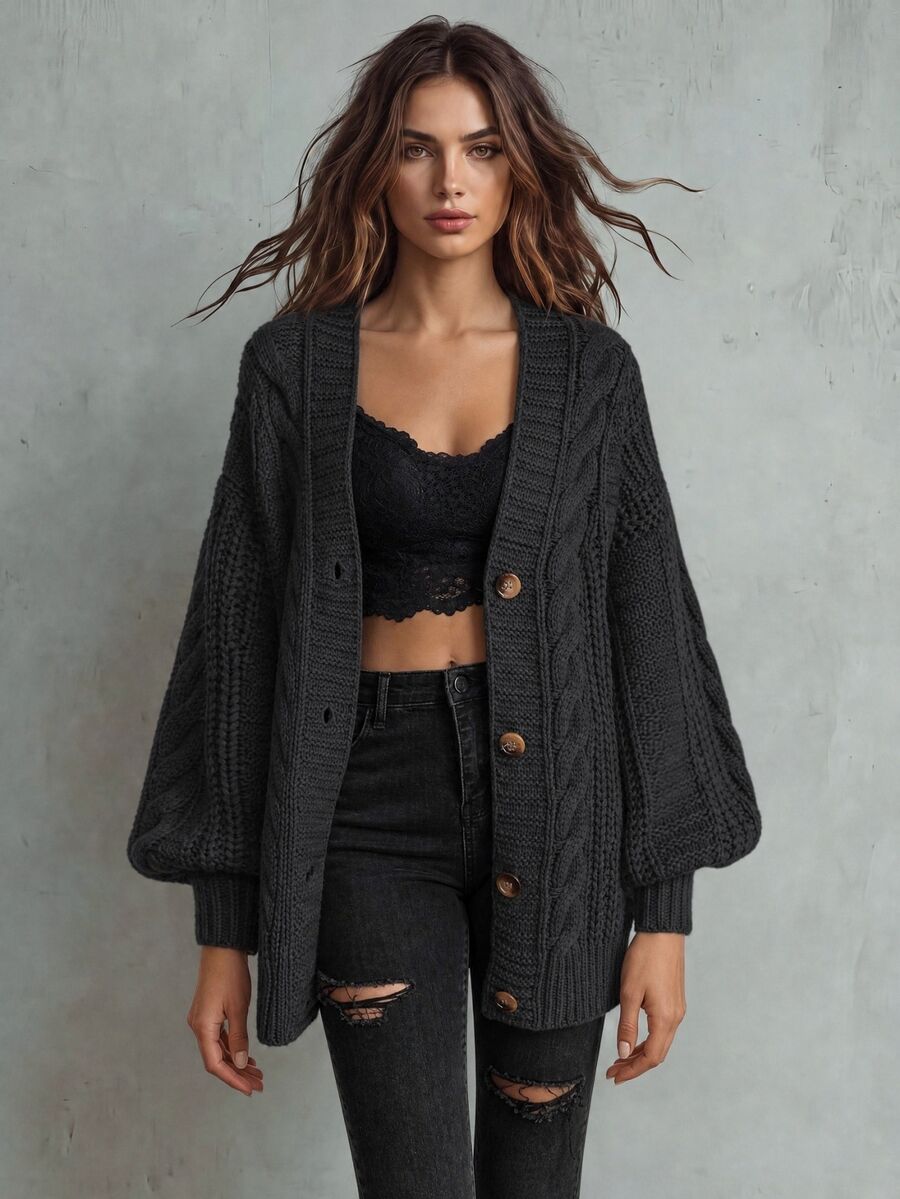 Adelaide Cable Knit Bishop Sleeve Cardigan - Dark Grey