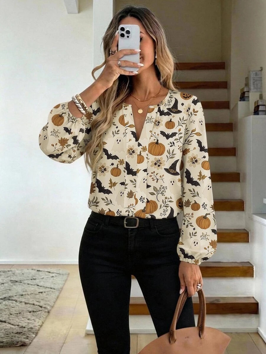 Nell Long Sleeve Blouse with Split V Neck and Lantern Sleeves - Cream Harvest Print