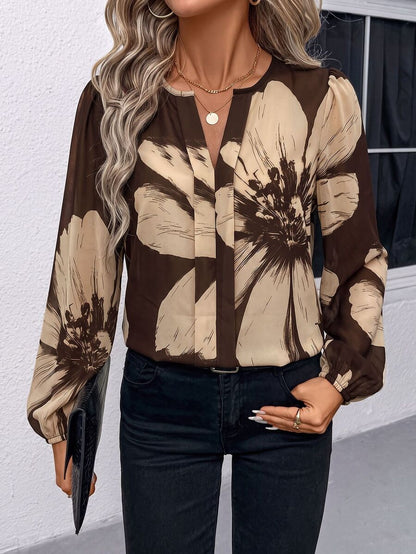 Nell Long Sleeve Blouse with Split V Neck and Lantern Sleeves - Brown Floral