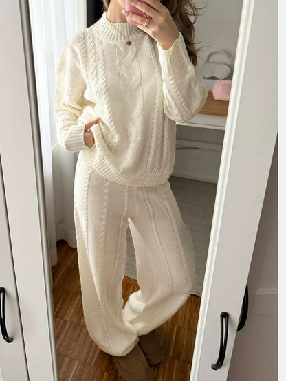 Ginevra 2 Piece Sweater Set Cable Knit Pullover and Wide Leg Pants - Ivory