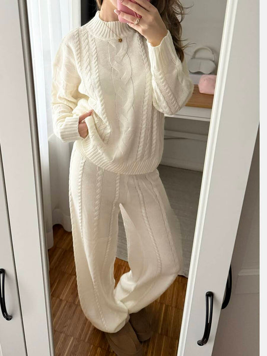 Ginevra 2 Piece Sweater Set Cable Knit Pullover and Wide Leg Pants - Ivory