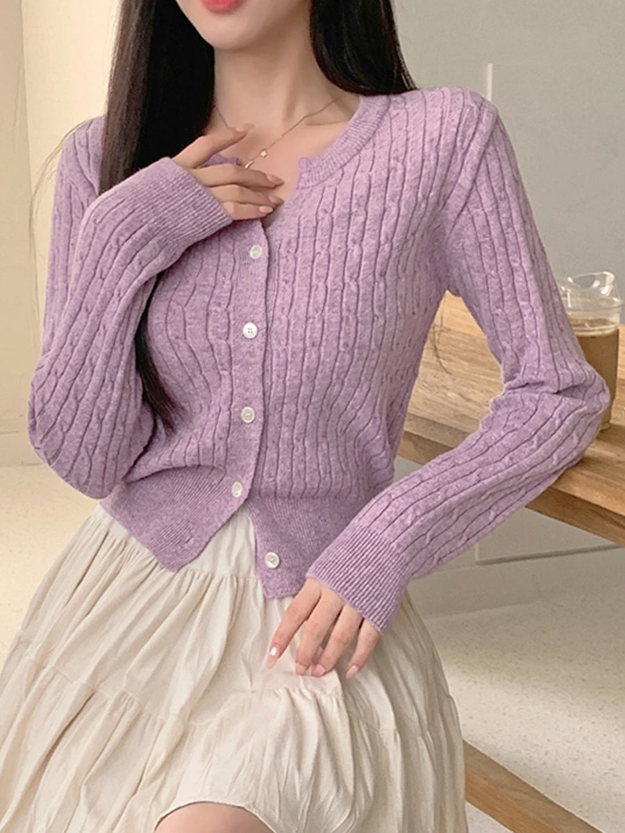 Women's Fitted V-Neck Button Front Cardigan, Twist Knit Sweater for Work and Fall - White