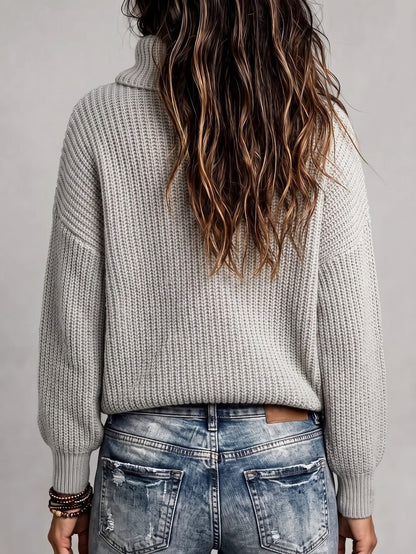 Wilhelmina Rib Knit Turtleneck Drop Shoulder Pullover Sweater - Baby Pink