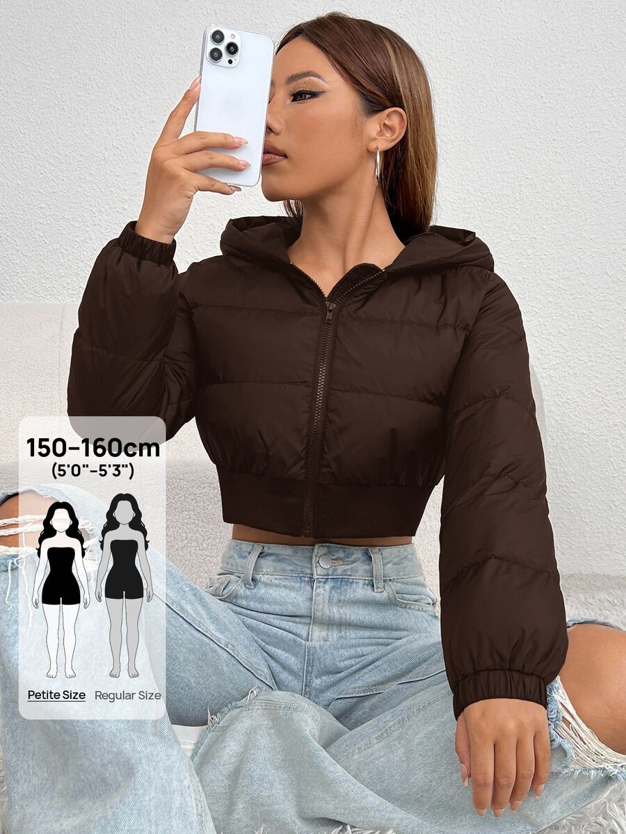 Annika Cropped Hooded Puffer Jacket with Zip Front - Chocolate Brown