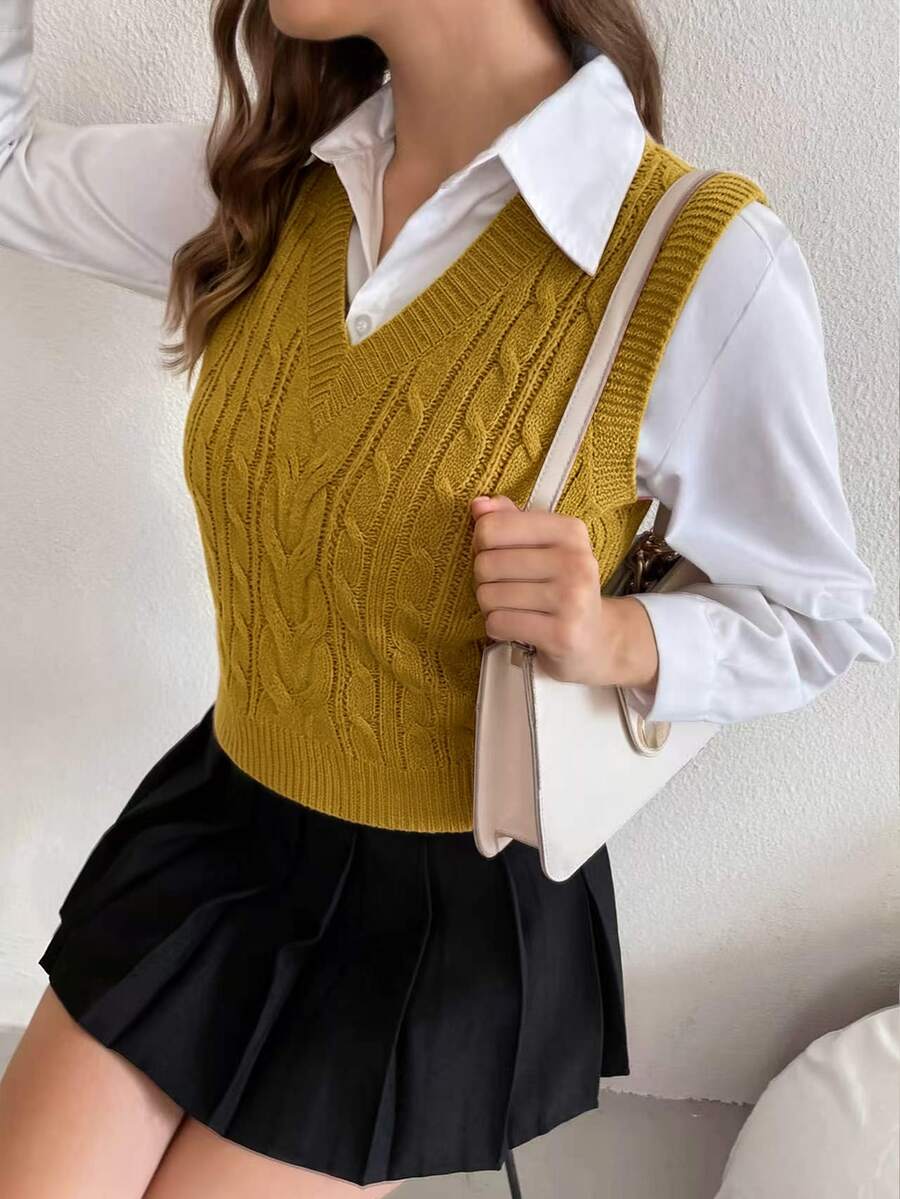Winifred Classic Cable Knit V-Neck Sleeveless Sweater Vest - Mustard