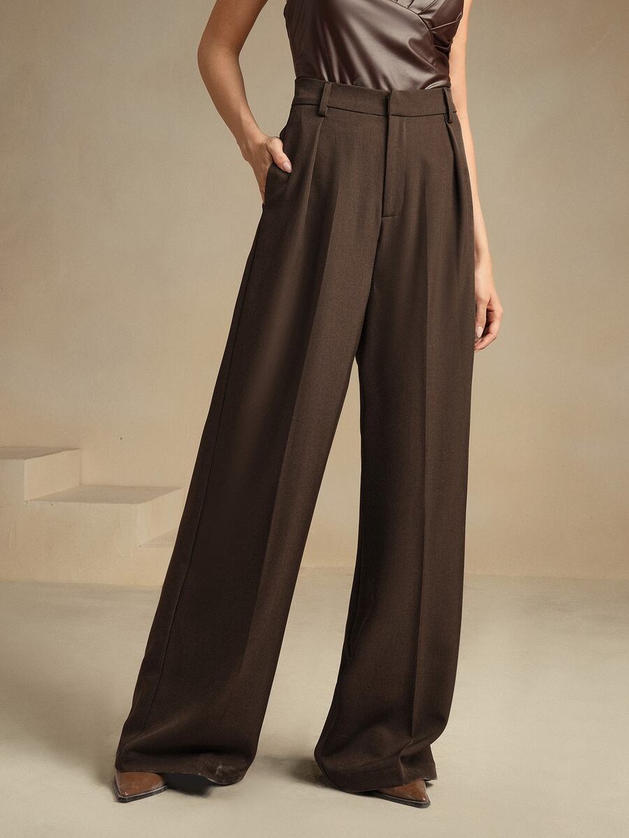 Tatiana Pleated High Waist Wide Leg Trousers with Pockets - Camel