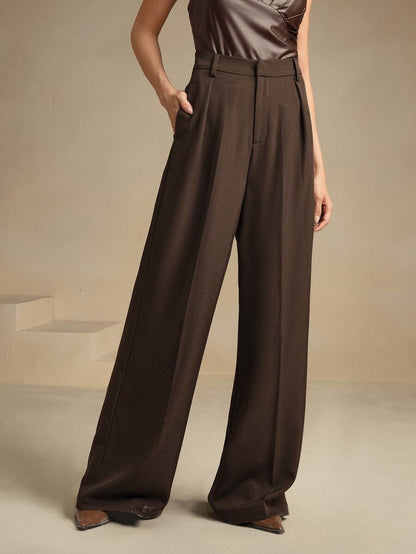Tatiana Pleated High Waist Wide Leg Trousers with Pockets - Camel