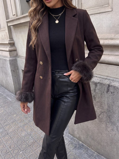 Aveline Double-Breasted Lapel Coat with Tailored Thigh-Length Cut - Brown