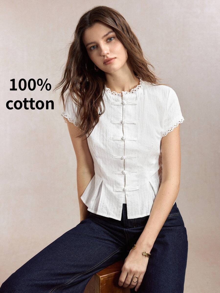 Mirabel Lace Trim Frog Button Short Sleeve Cotton Blouse - White