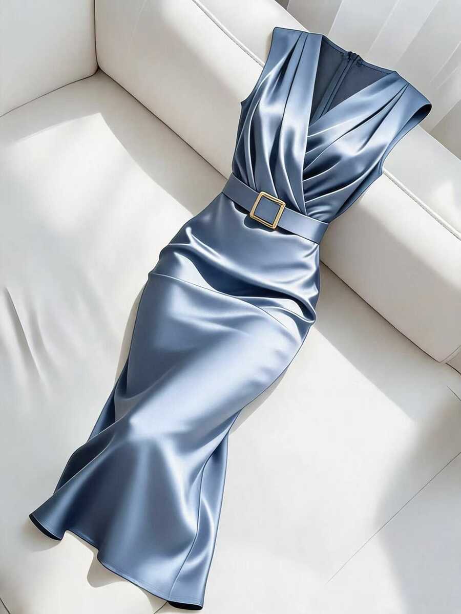 Women's Satin V-Neck Midi Dress, Fitted Silky Dress for Wedding Guest and Evening - Dusty Blue