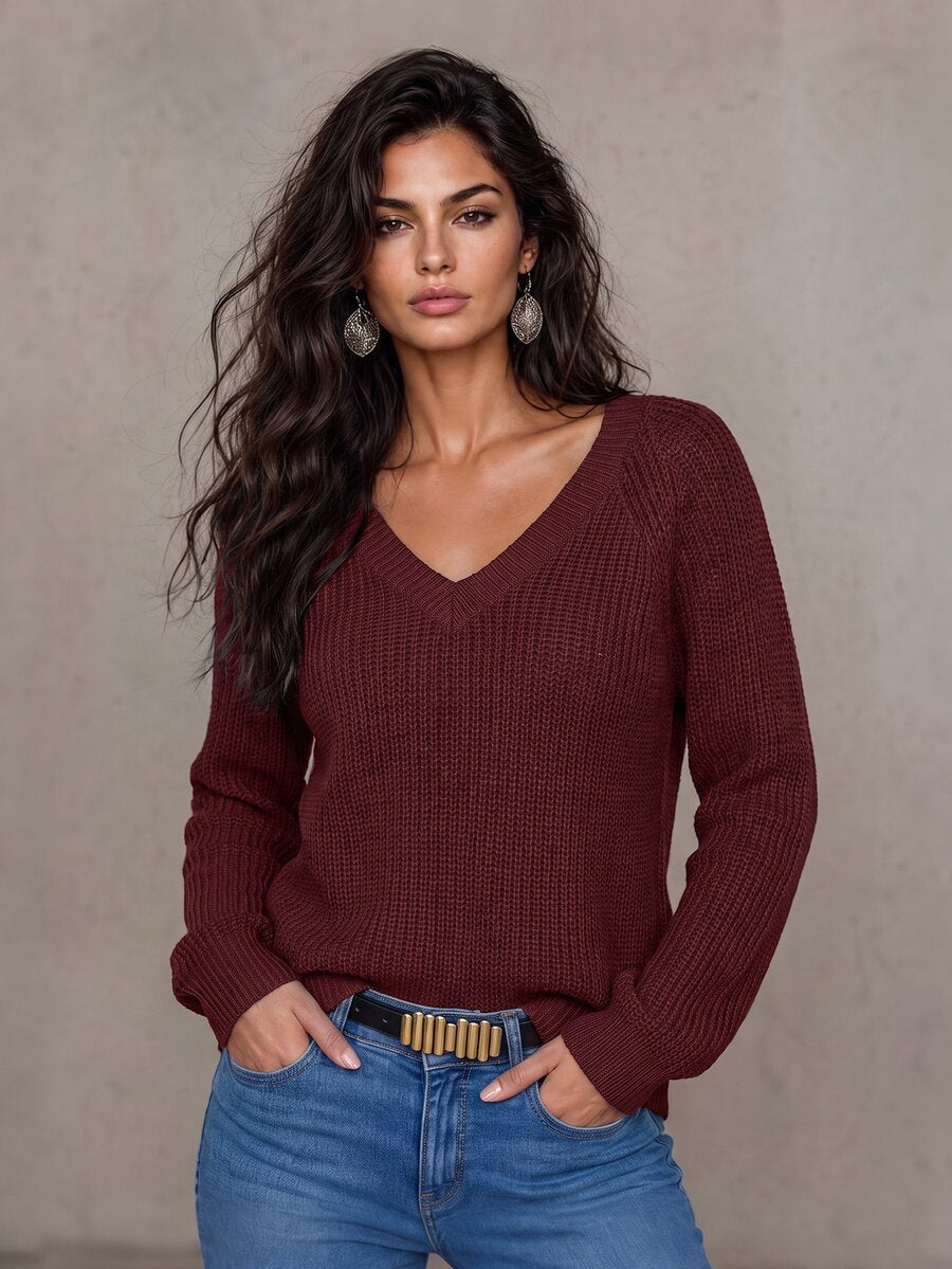 Aarhus V Neck Raglan Sleeve Ribbed Knit Sweater - Rose Red