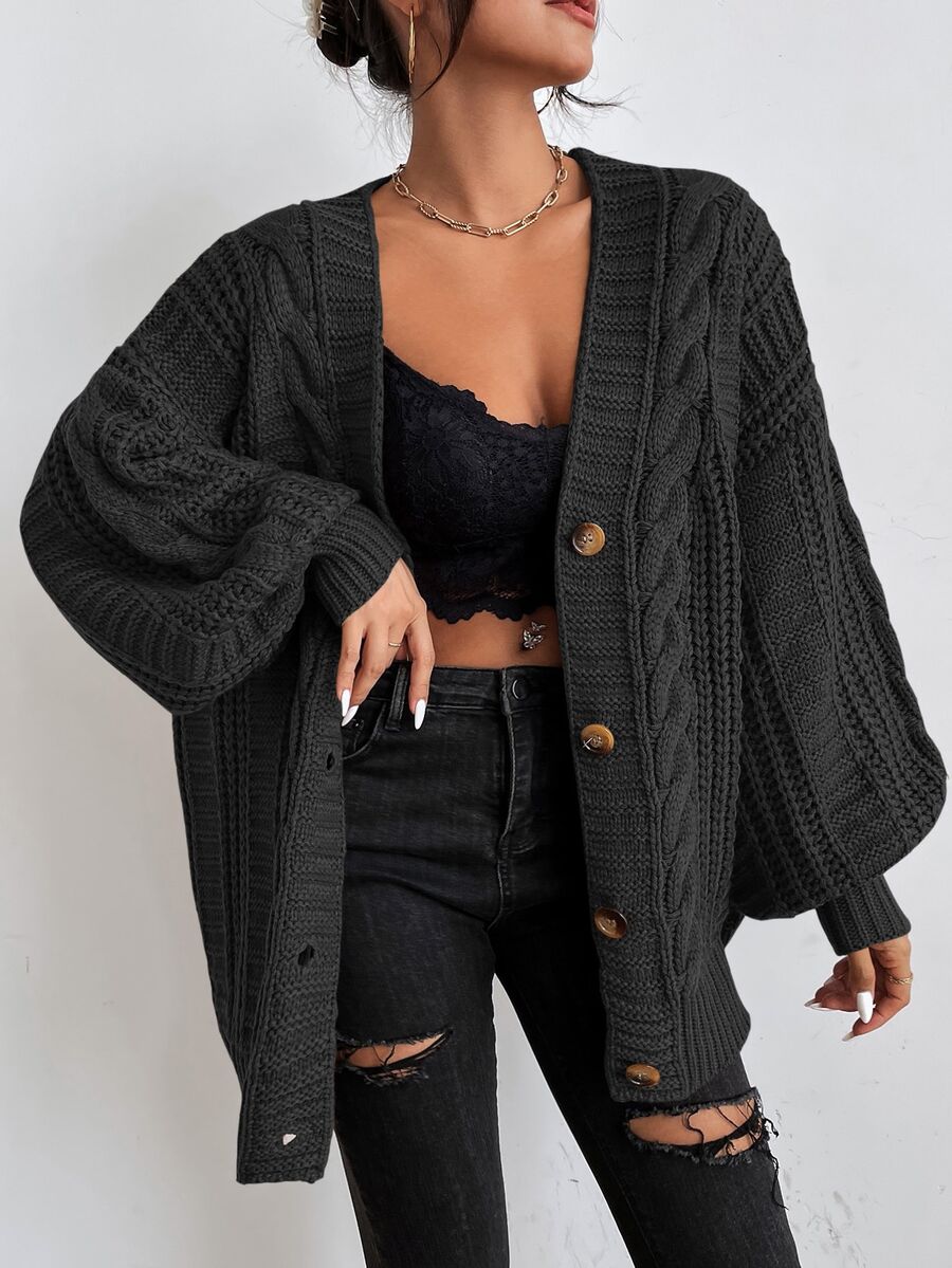 Adelaide Cable Knit Bishop Sleeve Cardigan - Olive Green