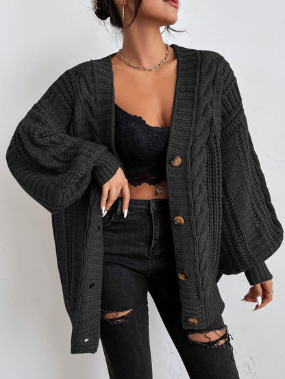 Adelaide Cable Knit Bishop Sleeve Cardigan - Olive Green