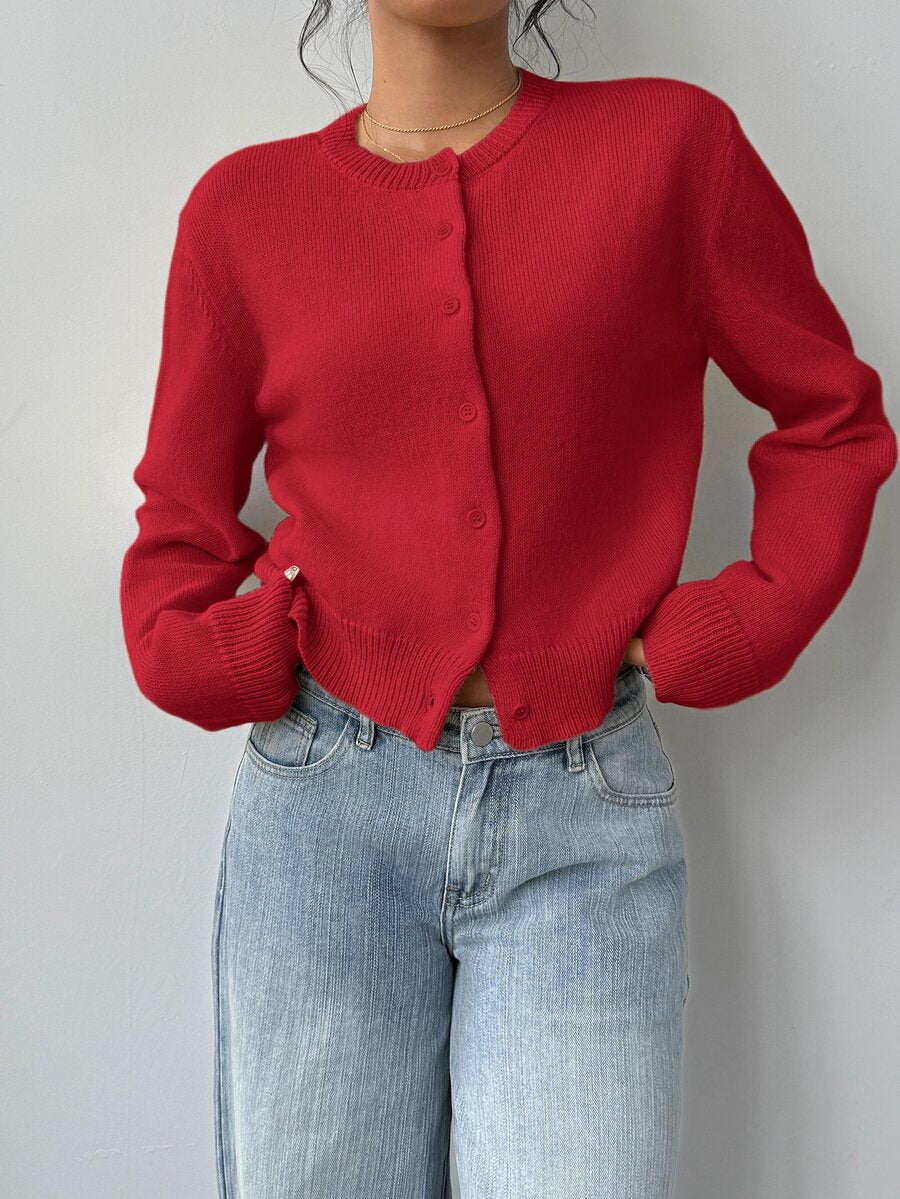 Elowen Round Neck Cropped Cardigan - Burgundy