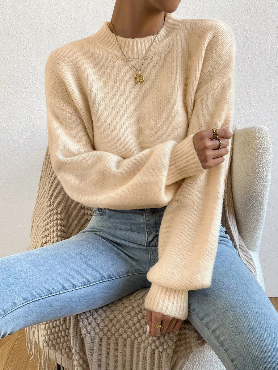 Viola Relaxed Mock Neck Sweater with Drop Shoulders - Cream