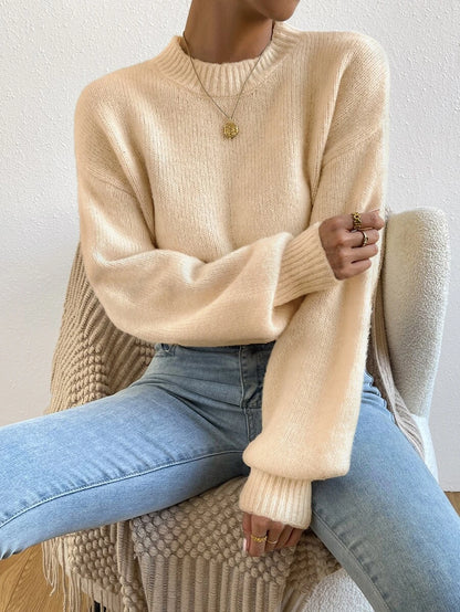Viola Relaxed Mock Neck Sweater with Drop Shoulders - Cream