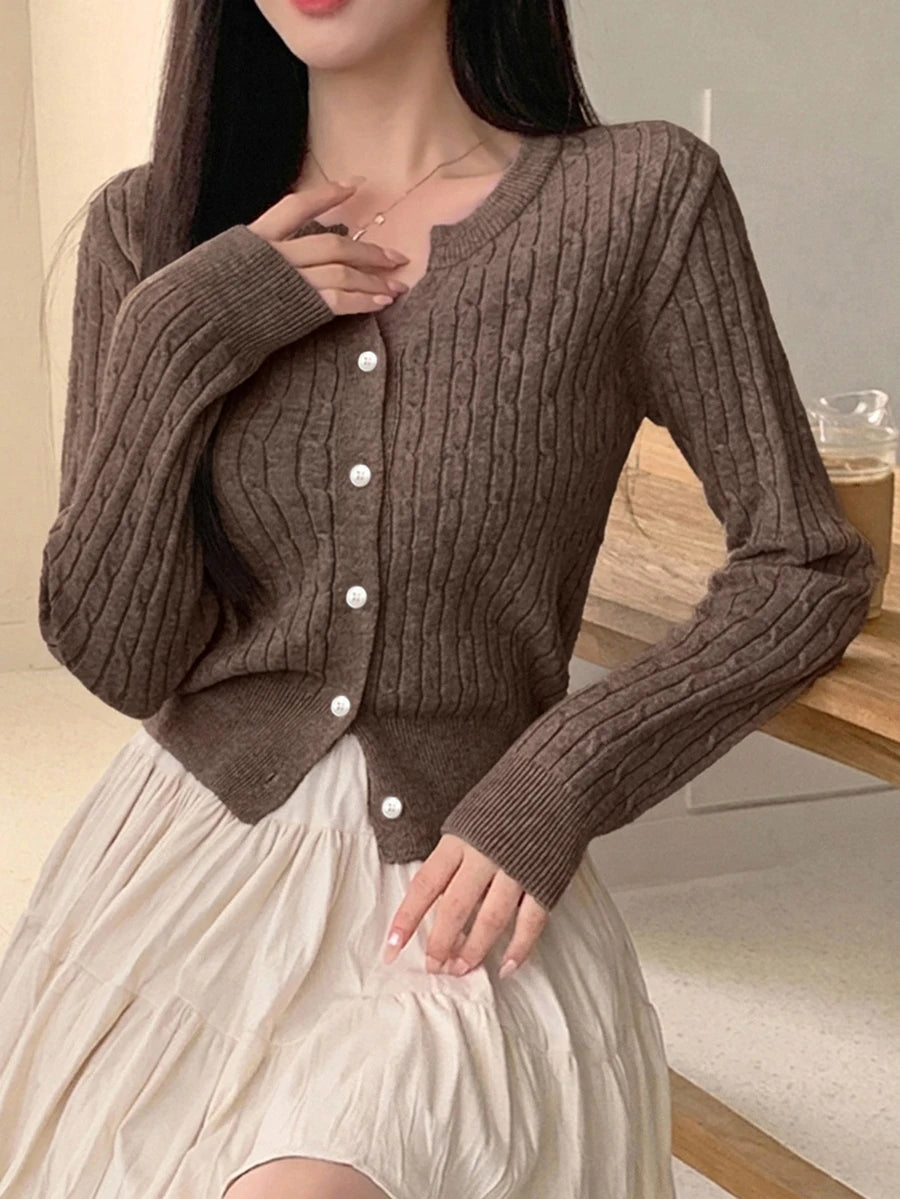 Women's Fitted V-Neck Button Front Cardigan, Twist Knit Sweater for Work and Fall - White