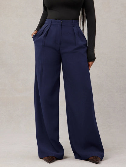 Theodora High Waist Pleated Oversized Wide Leg Suit Trousers - Navy Blue
