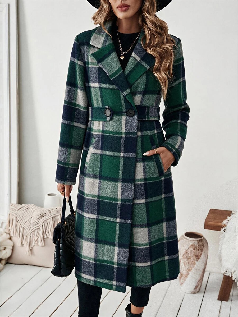 Josephine Belted Notched Collar Double-Breasted Long Coat - Green Plaid