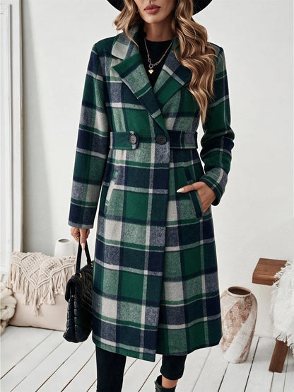Josephine Belted Notched Collar Double-Breasted Long Coat - Green Plaid