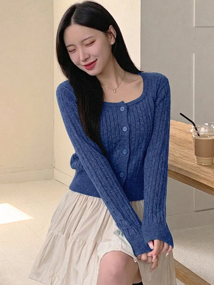 Women's Fitted V-Neck Button Front Cardigan, Twist Knit Sweater for Work and Fall - Blue