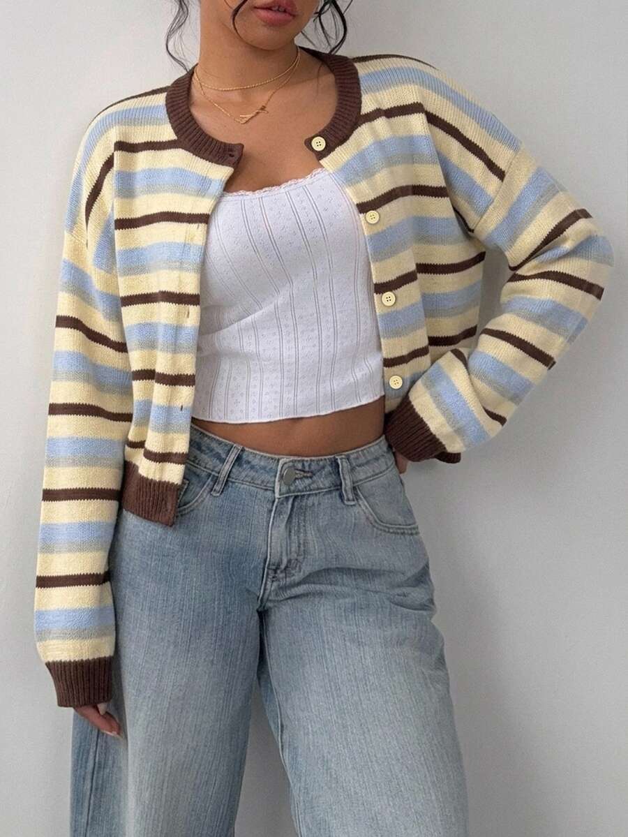 Elowen Round Neck Cropped Cardigan - Brown