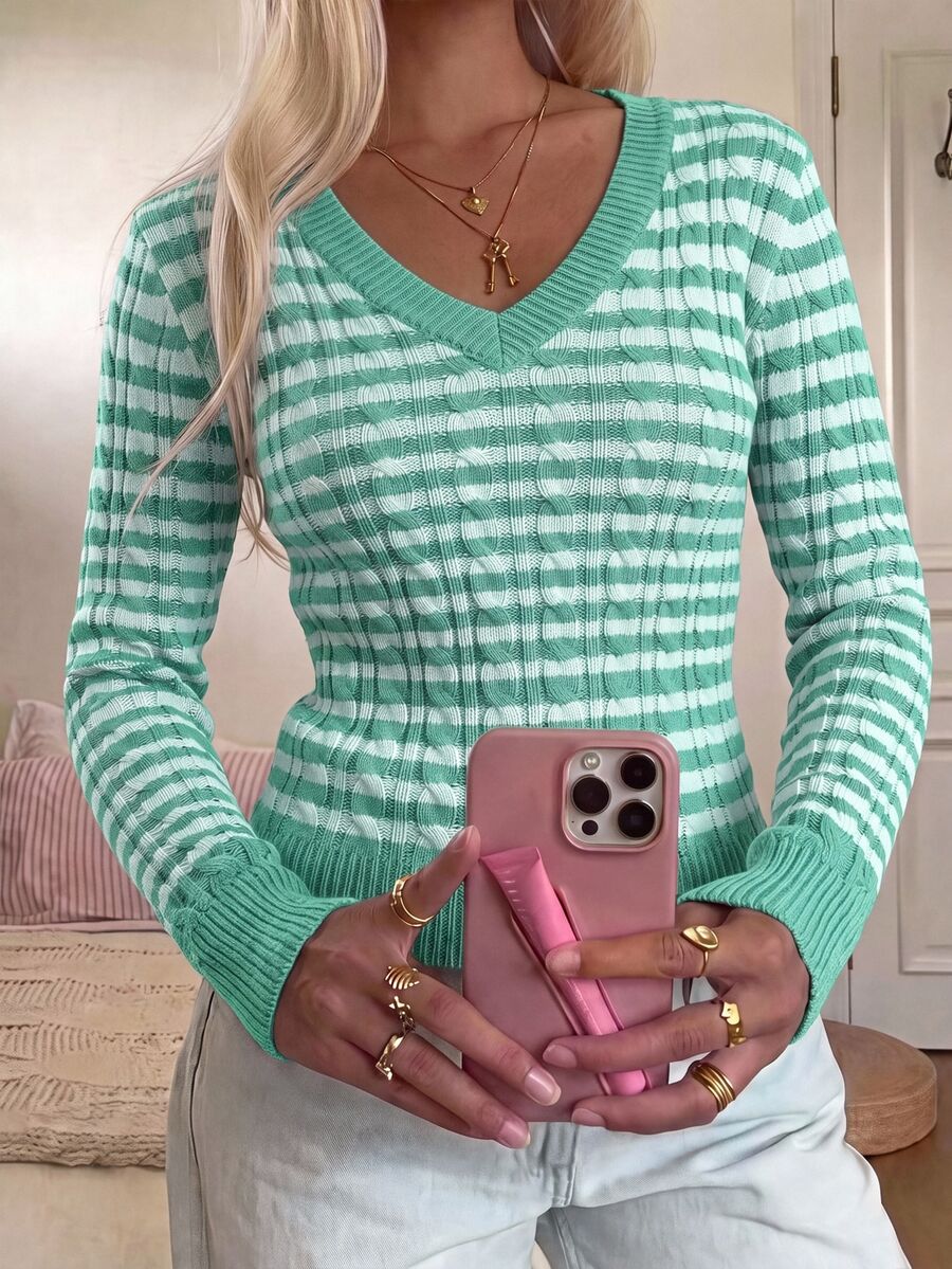 Saskia Slim V Neck Twist Cable Knit Sweater with Contrast Trim - Mint Stripe