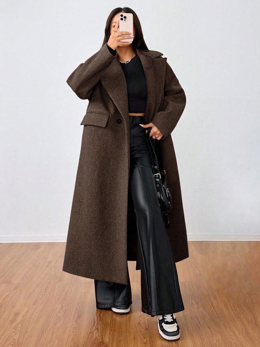 Jolie Oversized Double Breasted Long Coat with Lapel Collar - Chocolate Brown