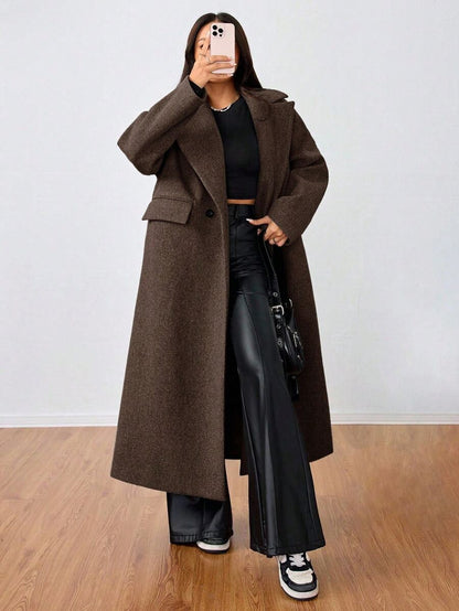 Jolie Oversized Double Breasted Long Coat with Lapel Collar - Chocolate Brown